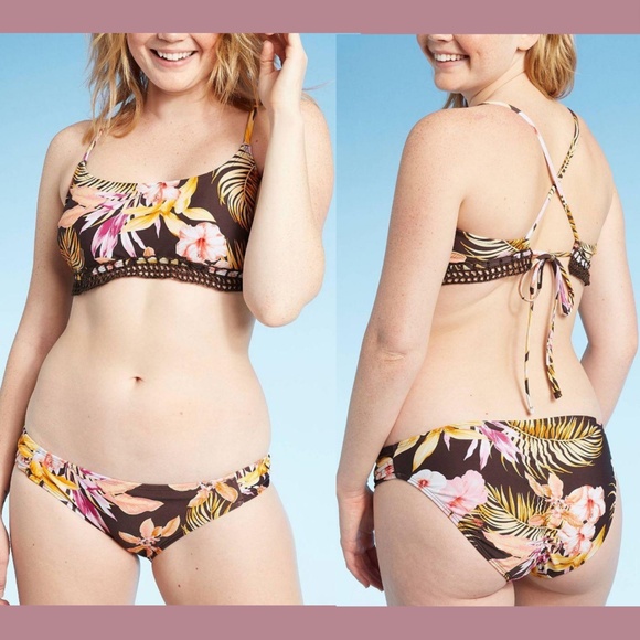 NEW Xhilaration Floral Crochet Trim Bikini Top + Hipster Bottom [‎ Small ] - Picture 3 of 13